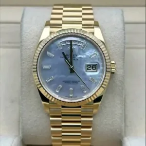 Rolex Day-Date 36mm White Mother of Pearl Diamond & Baguette Dial Fluted Bezel Solid 18k Yellow Gold President Bracelet 128238 | 2025 Mint Full Set