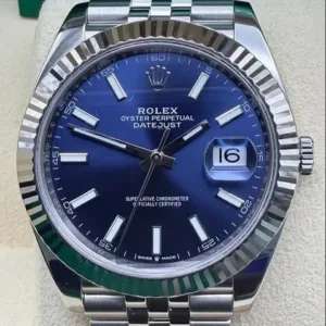 Rolex Datejust 41mm Blue Sunray Stick Dial 18k White Gold Fluted Bezel Jubilee Bracelet 126334 | 2022 Full Set