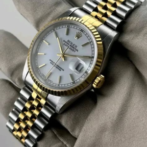 Rolex Datejust 36mm White Stick Dial 18k Yellow Gold Fluted Bezel Two-Tone Yellow Rolesor Jubilee Bracelet 16233 | Vintage Full Set