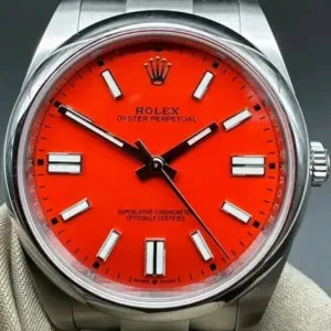 Rolex Oyster Perpetual 41mm Coral Red Lacquer Dial Smooth Bezel Oyster Bracelet 124300 | 2021 Box & Papers — Now Discontinued