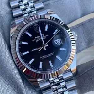 Rolex Datejust 41mm Black Sunray Stick Dial 18k White Gold Fluted Bezel Jubilee Bracelet 126334 | 2024 Mint Full Set