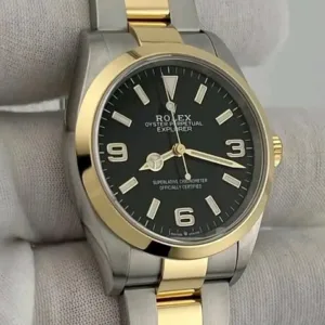 Rolex Explorer 36mm "First Two-Tone Explorer" Black Lacquer Dial Yellow Rolesor Smooth Bezel Oyster Bracelet 124273 | 2024 Full Set