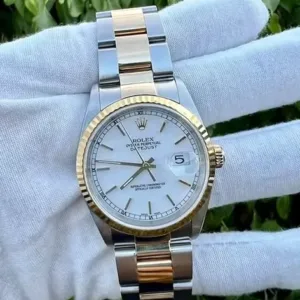 Rolex Datejust 36mm White Stick Dial 18k Yellow Gold Fluted Bezel Two-Tone Yellow Rolesor Oyster Bracelet 16233 | 2004 Full Set
