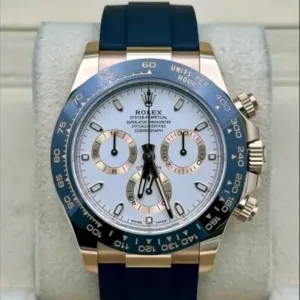 Rolex Cosmograph Daytona 40mm White Dial Blue Cerachrom Tachymeter Bezel 18k Everose Gold Oysterflex 116515LN | 2023 Full Set