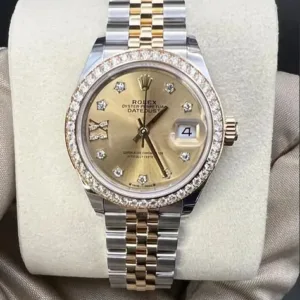 Rolex Lady-Datejust 28mm Champagne Diamond Dial 46-Diamond 18k Yellow Gold Bezel Yellow Rolesor Jubilee Bracelet 279383RBR | 2025 Never Worn Full Set