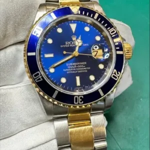 Rolex Submariner Date "Bluesy" 40mm Blue Dial Blue Aluminum Bezel Vintage Two-Tone Yellow Rolesor Oyster Bracelet 16613LB | 1999 T-Serial Full Set